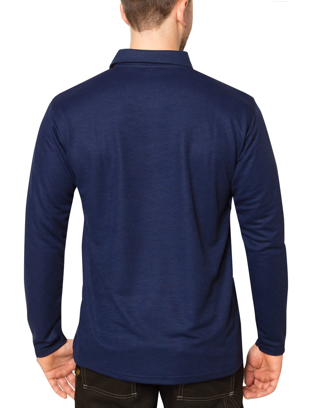 Polera de vestir azul marino manga larga cuello piqué corte recto para hombres con filtro solar UV 50+ marca IQ